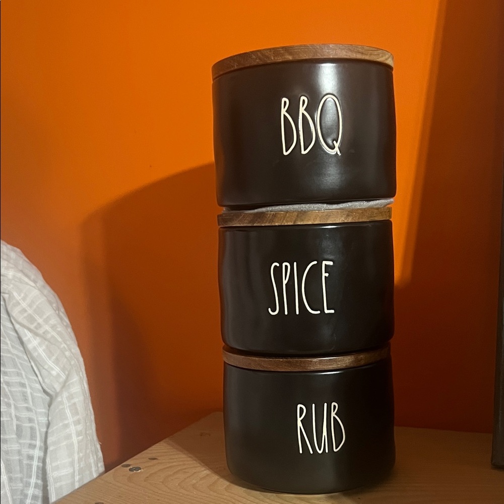 Rae Dunn Black Spice Jar Trio with Wooden Lids